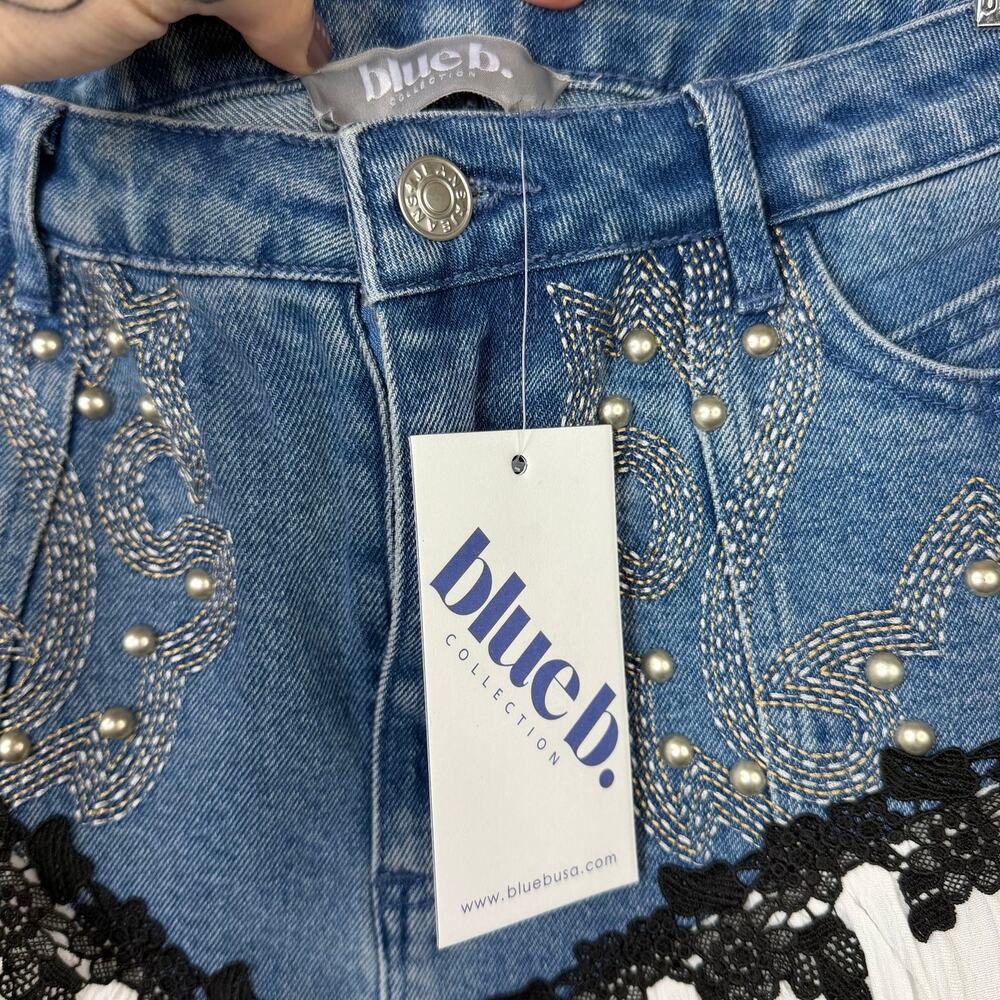 NEW Blue B USA Western Denim Lace Pearl Embroidered Boho Cowgirl Mini Skirt - Picture 7 of 9